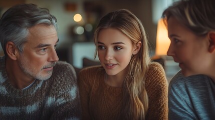 Daughter talking to gay parents sitting at home : Generative AI