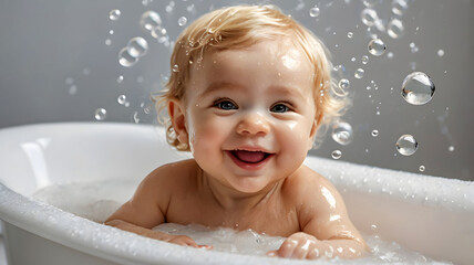 A baby in a bathtub filled with bubbles splashing and laughing