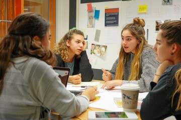 Several girls are gathered around a table engaged in conversation, The collaborative spirit of students working together in a group project, brainstorming ideas and creating presentations