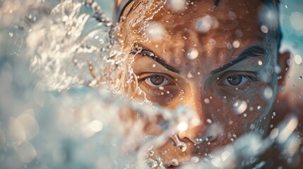 "Professional Swimmer in Mid-Butterfly Stroke with Water Splashing and Intense Focus"