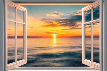 Beautiful sunset on the sea view from the window.