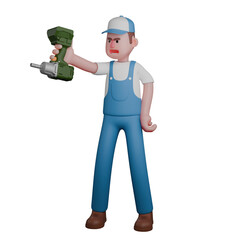 Professional 3D Technical. A mechanic is standing with his left hand on his waist while his right hand is holding a drill. Male