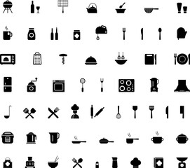 Kitchen utensils, small and large appliances icons set. Kitchen icons, including stove, frying pens, bowls, pots, dishes and various utensils