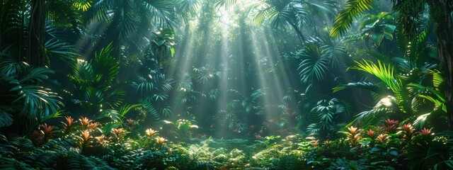 Amazon Rainforest Canopy A dense, vibrant jungle scene teeming with life, sunlight filtering through the leaves onto the forest floor. © Hamdee
