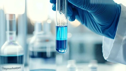 gloved hand gripping a test tube containing a frothy blue solution, representing active scientific research, with the bubbling liquid emphasizing the excitement and progress of laboratory work_