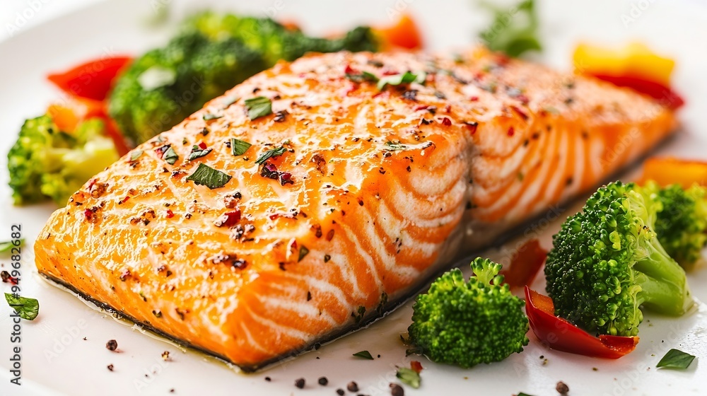 Poster baked salmon fillet with broccoli and vegetables mix isolated on white background : generative ai