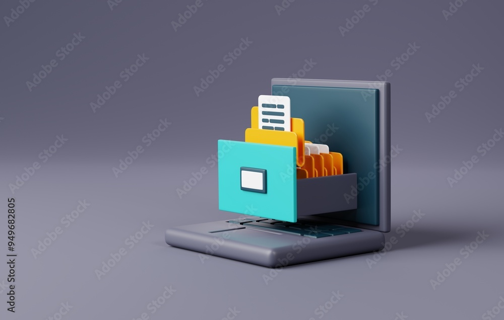 Poster 3d icon of filing cabinet for workspace organization.3d render