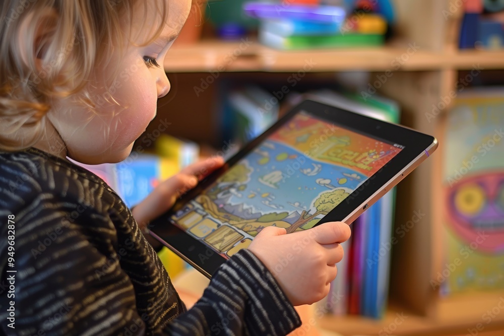 Aufkleber child engaged with educational reading app on tablet - interactive learning and comprehension