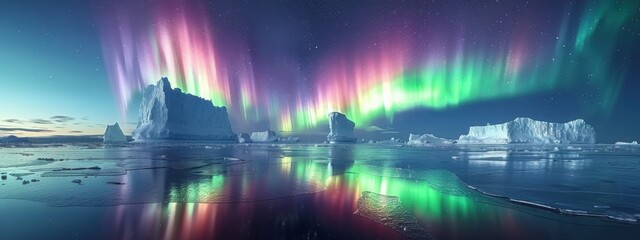 Aurora Australis A breathtaking display of the Southern Lights dancing across the night sky, reflecting on the icy landscape.