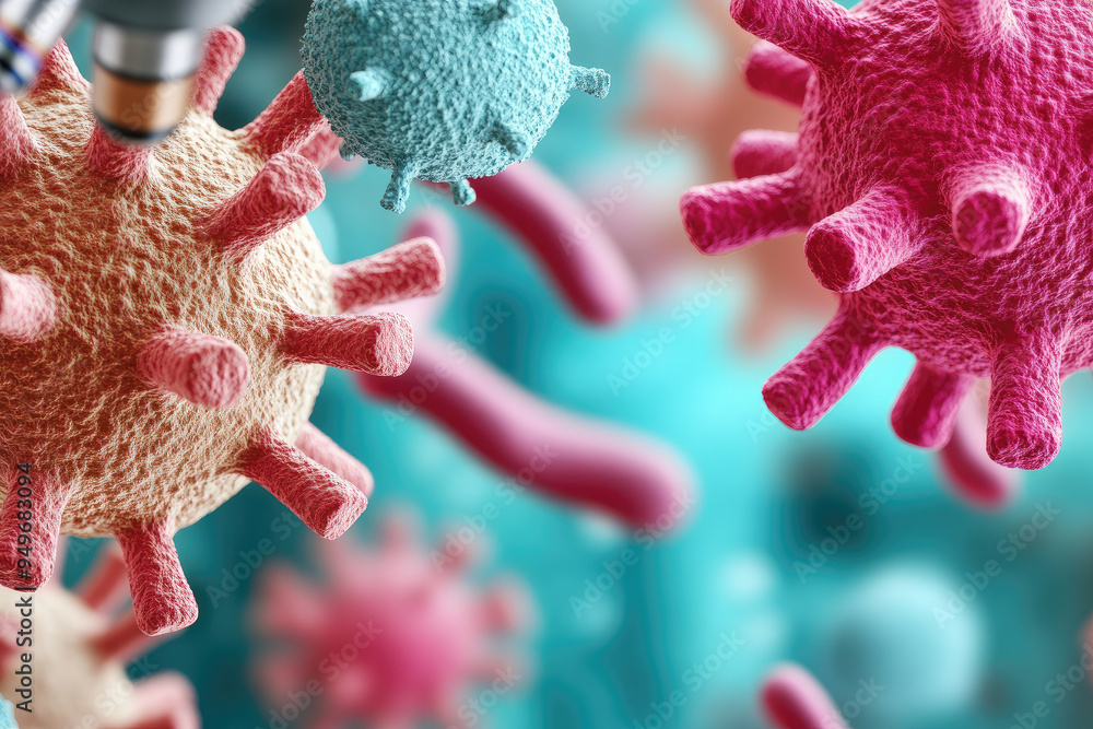 Poster colorful depiction of viruses and bacteria, showcasing their intricate structures and textures again