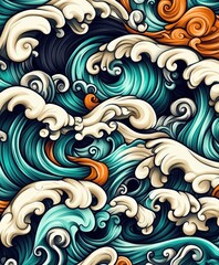 Fototapeta premium A vibrant illustration of swirling ocean waves with dynamic patterns and colors.