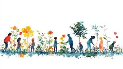 Growing together in vibrant garden, people of all ages nurture flowers and plants, showcasing beauty of nature and community.