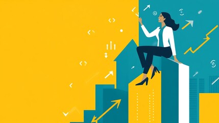 Illustration of a confident businesswoman climbing a graph that symbolizes business growth with arrows pointing upwards