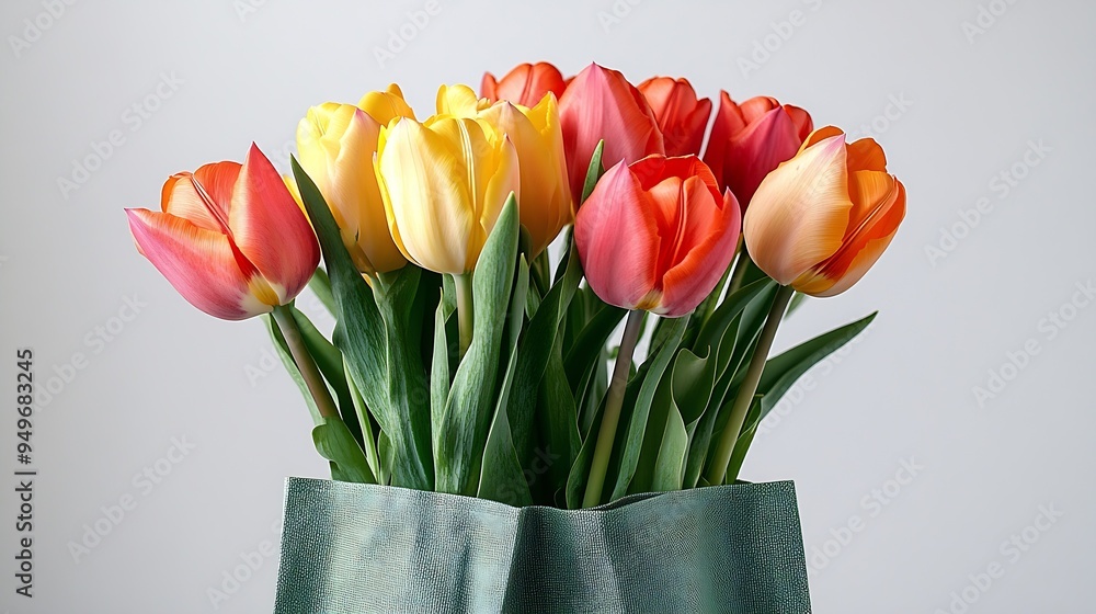 Poster tulip spring flowers in green bag isolated on white background floral composition with beautiful fre