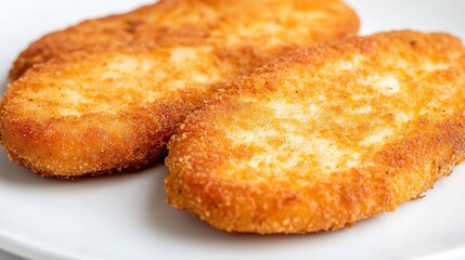 Close-Up of Italian Sausage Cutlets, Oval and Flat, Fried to a Golden Perfection. One Cutlet is Peeled and Placed on a White Plate, Showcasing a Simple and Delicious Presentation Without Additional De