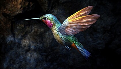 Beautiful 3D render of a colorful hummingbird in mid-flight, set against a dark, unique background. Ultra HD vector illustration. Full ultra HD