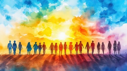 Fototapeta premium Silhouettes of people standing together at sunset, creating sense of unity and connection. vibrant colors of sky evoke feelings of hope and togetherness.