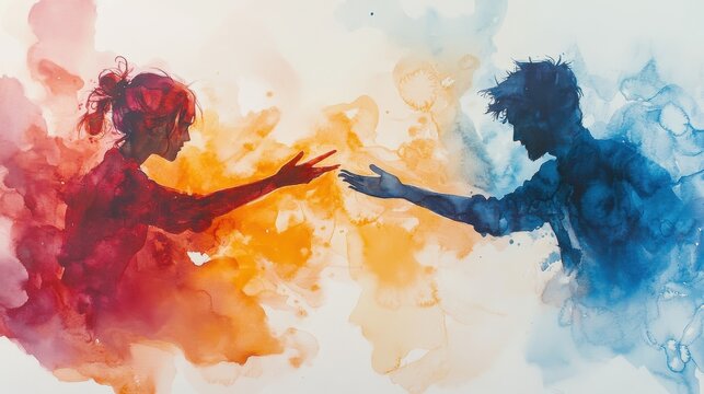 Two figures reaching out to each other, surrounded by vibrant colors of orange and blue, symbolize connection and emotion.
