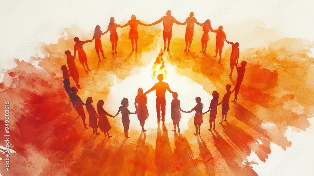 Poster a group of people holding hands in circle around fire, symbolizing unity and connection. warm colors