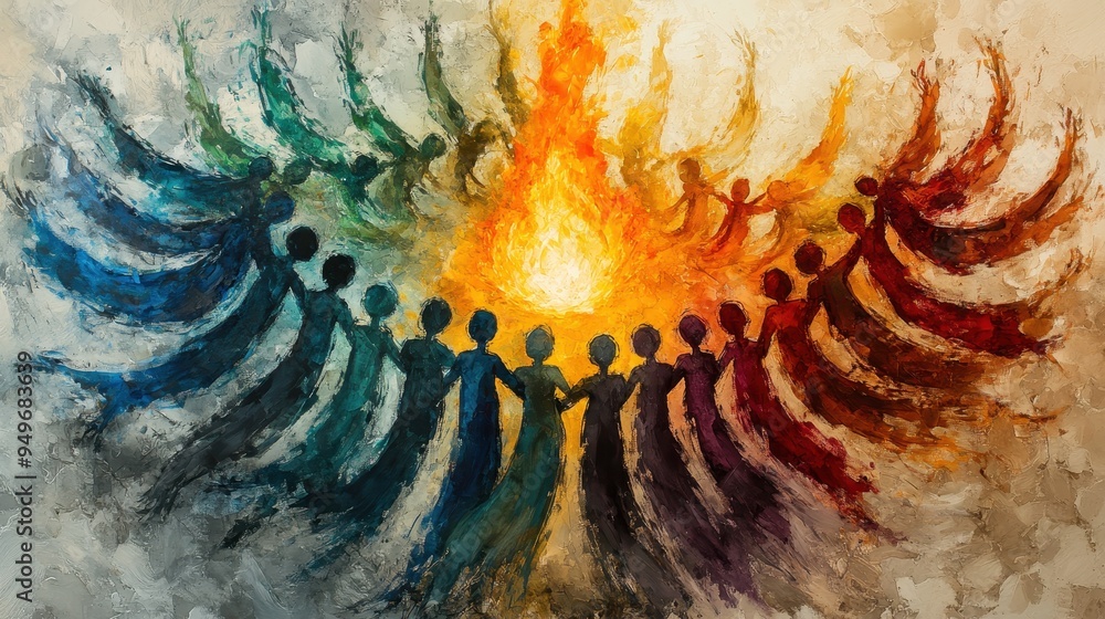 Poster dancers encircle vibrant fire, showcasing movement and unity in colorful display. artwork captures e