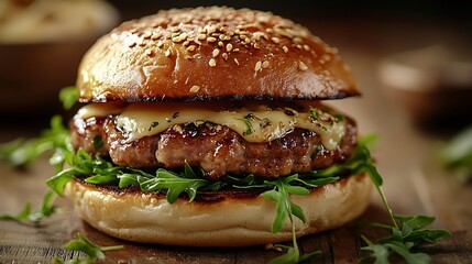 closeup of pork sandwich with cheese and green shoots : Generative AI