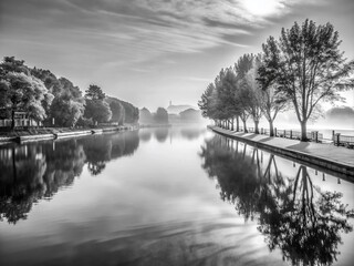 Fototapeta premium Riverfront morning mist serenity monochrome