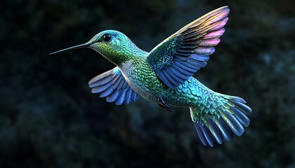 Fototapeta premium Beautiful 3D render of a colorful hummingbird in mid-flight, set against a dark, unique background. Ultra HD vector illustration. Full ultra HD