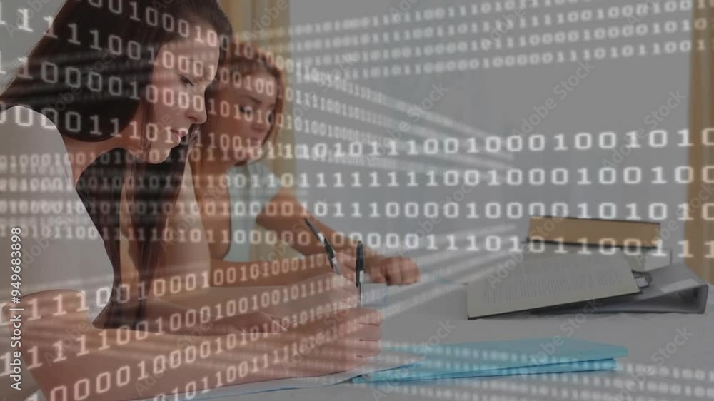 Poster binary code animation over women studying and writing in classroom