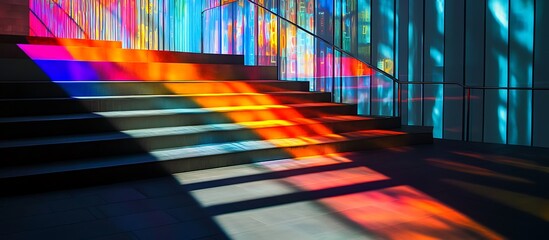 Neon reflections on stairs with bright colors and shadow patterns against a glass curtain wall, featuring a high-resolution motion blur effect.