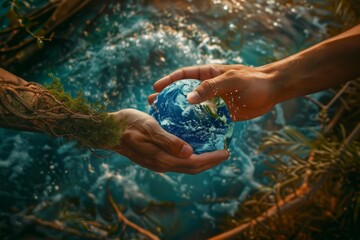 Hands holding small earth in front of water, The creation of a shared future together
