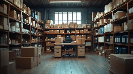 Obraz premium Empty storage room with office desk and shelves warehouse filled with boxes of retail products Order management and quality control space for stock merchandise small business : Generative AI