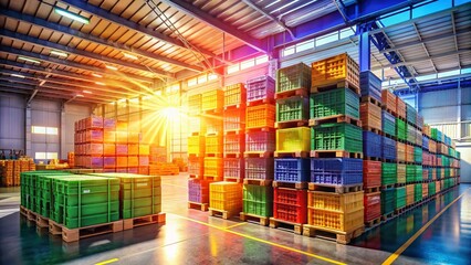 SunriseFoodHaul bright morning scene of a busy food distributor's warehouse with stacks of colorful crates, early light rays, fast-paced atmosphere, bold colors, industrial concept.