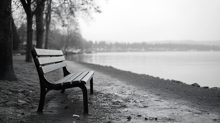 A black and white image of an empty park bench at the waterfront in Silverdale WA : Generative AI