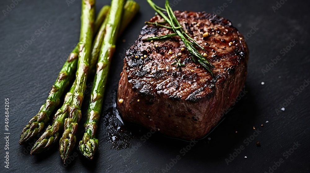 Poster Grilled Fillet Mignon Steak with roasted asparagus Black background Top view : Generative AI