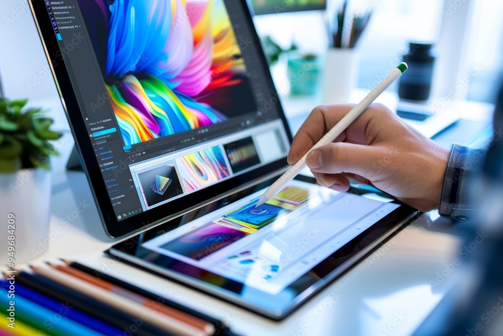 Poster graphic design tutorial on tablet with organized workspace and colorful digital art tools