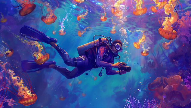 Sc&egrave;ne sous-marine plongeur en bouteille avec combi palmes et masque, photographiant des m&eacute;duses lumineuses, 