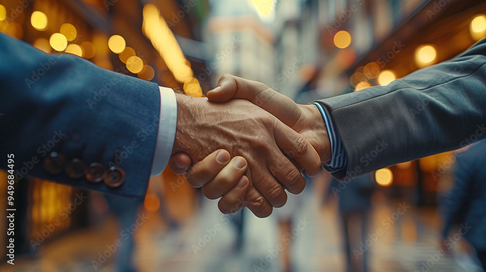 Wall mural businessmen shaking hands in a professional setting with colleagues applauding in the background, ca