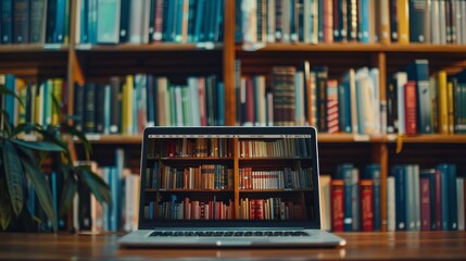 Modern Digital Library Interface Accessible via Laptop on Wooden Desk in Book-Filled Library