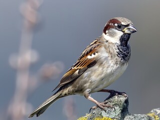 A close-up portrait of a sparrow standing on a rock, highlighting its detailed feathers and natural colours, set against a soft, blurred background that complements its earthy tones.