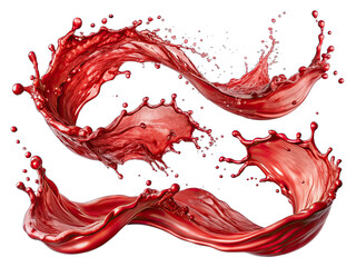 Three red liquid splashes create dynamic curves and swirls against a plain white background