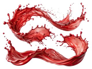 Three red liquid splashes create dynamic curves and swirls against a plain white background