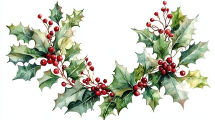 Fototapeta premium Holly leaves and red berries create festive and cheerful holiday decoration. This watercolor illustration captures essence of Christmas.