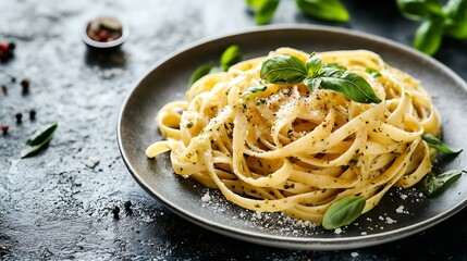 Delicious fresh pasta with pesto sauce salt spices and herbs on a ceramic plate on a textured concrete background : Generative AI