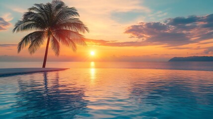 Luxury pool sunset palm tree silhouette with windy infinity pool water surface Summer vacation holiday template Stunning sky beachfront hotel resort at tropical landscape tranquil Amaz : Generative AI