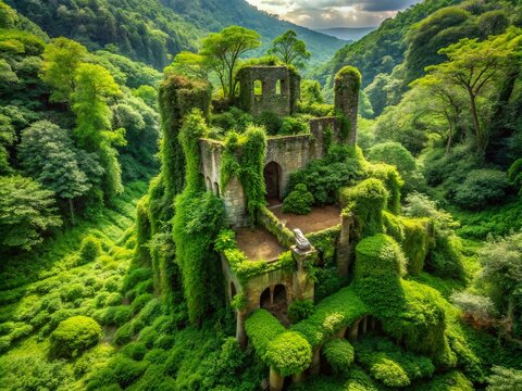 mythical ancient Greek-inspired castle ruins hidden deep in a lush overgrown jungle landscape under a bright emerald green canopy