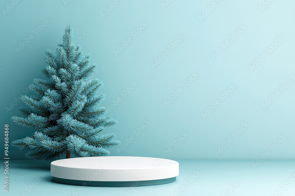 Poster artificial blue evergreen tree beside a minimalist circular platform, set against a soft turquoise b