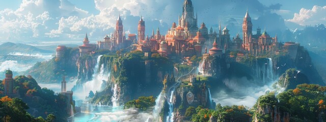 Fantasy Cityscape A magical city with floating islands, enchanted forests, and towering spires.