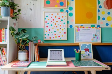 Colorful Home Learning Corner for Children with Tablet, Books, and Educational Posters