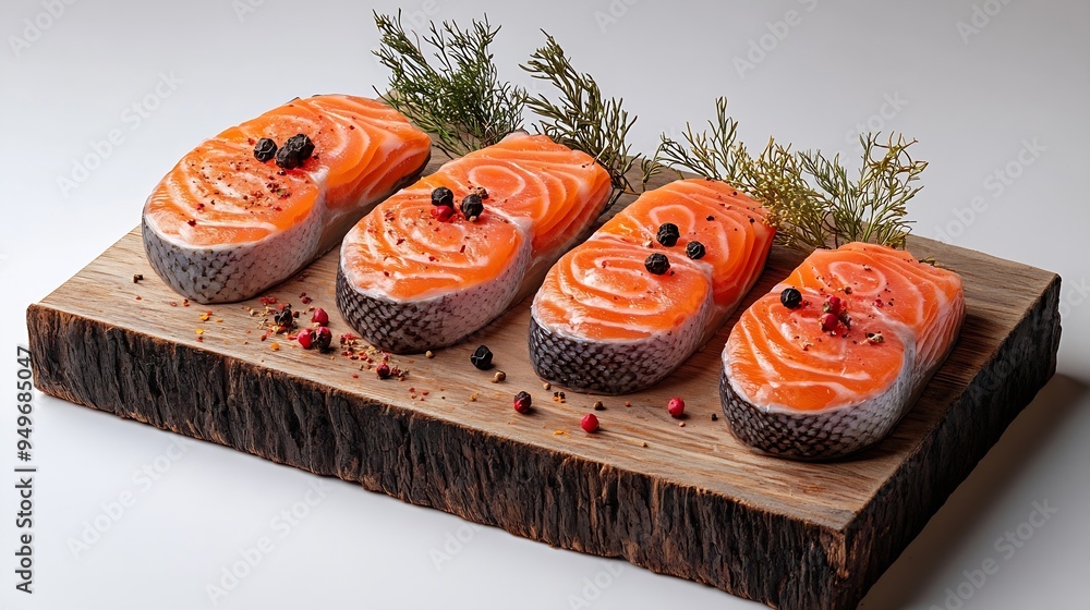 Poster wooden board with raw salmon steaks and different spices on white background : generative ai