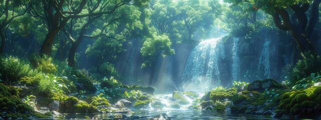 A magical forest with towering trees, enchanted creatures, and a hidden waterfall.